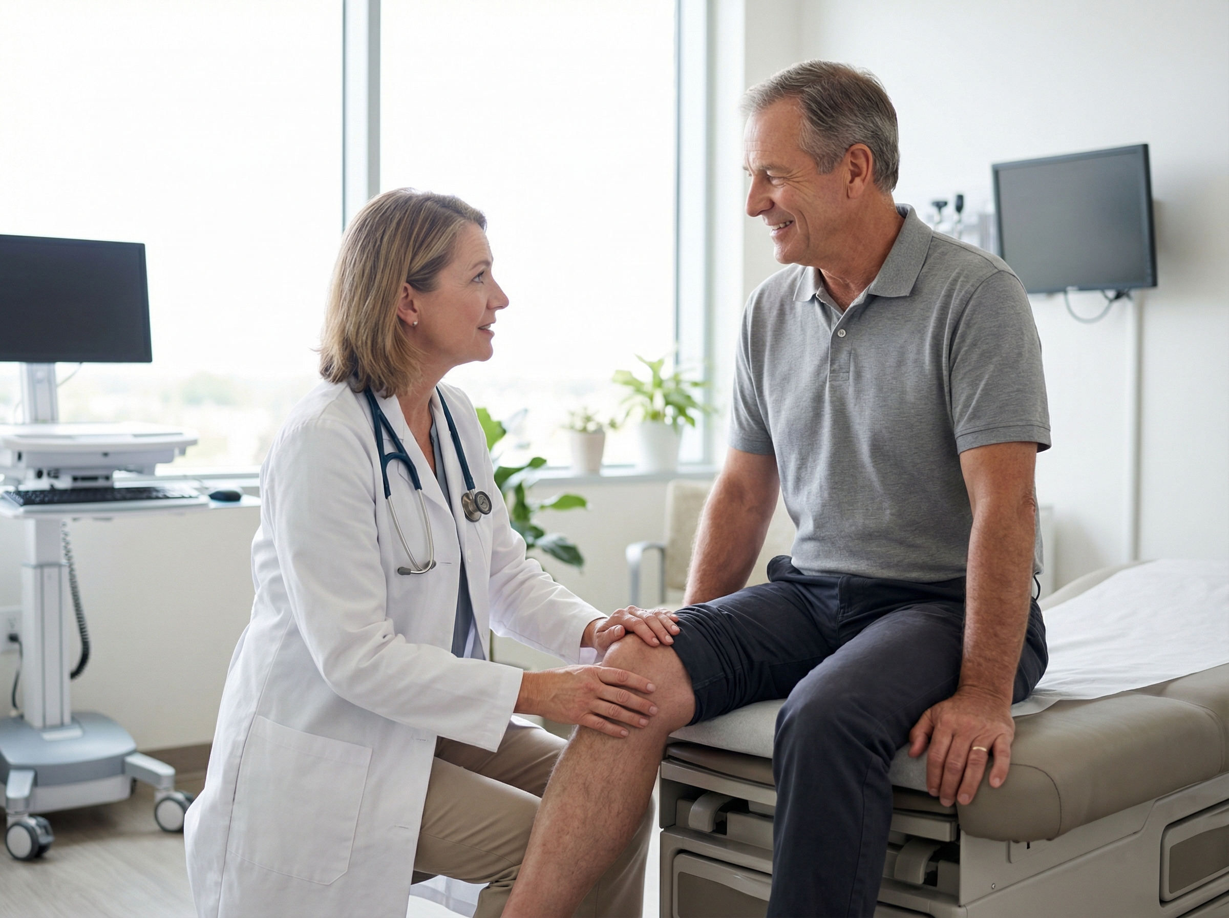 Physician examining a patient's shoulder in a modern clinic