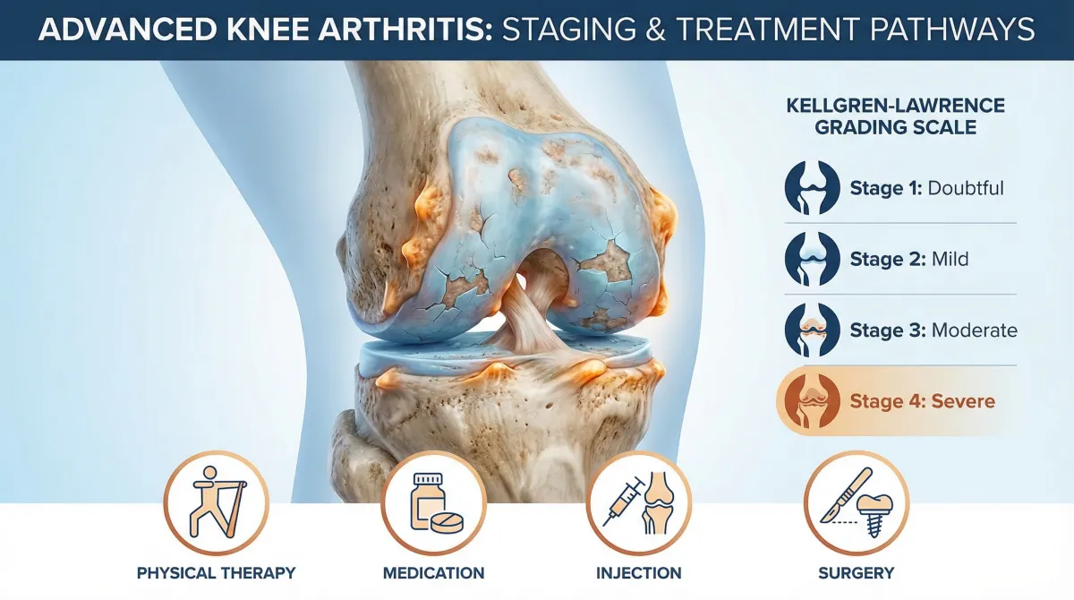 Kellgren-Lawrence grading scale showing progression of knee osteoarthritis from healthy to bone-on-bone