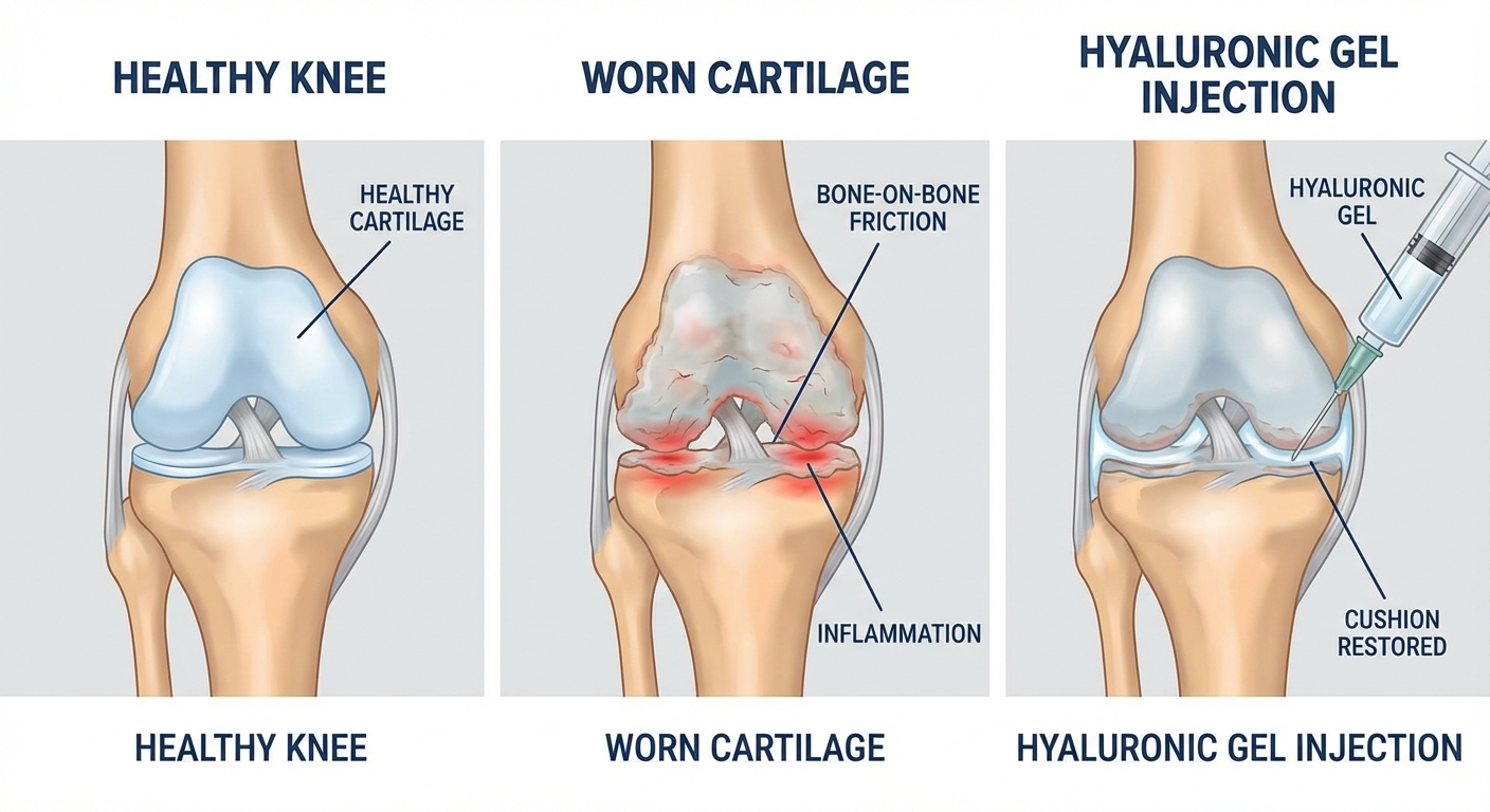 Knee diagram showing how gel injections work for bone-on-bone arthritis