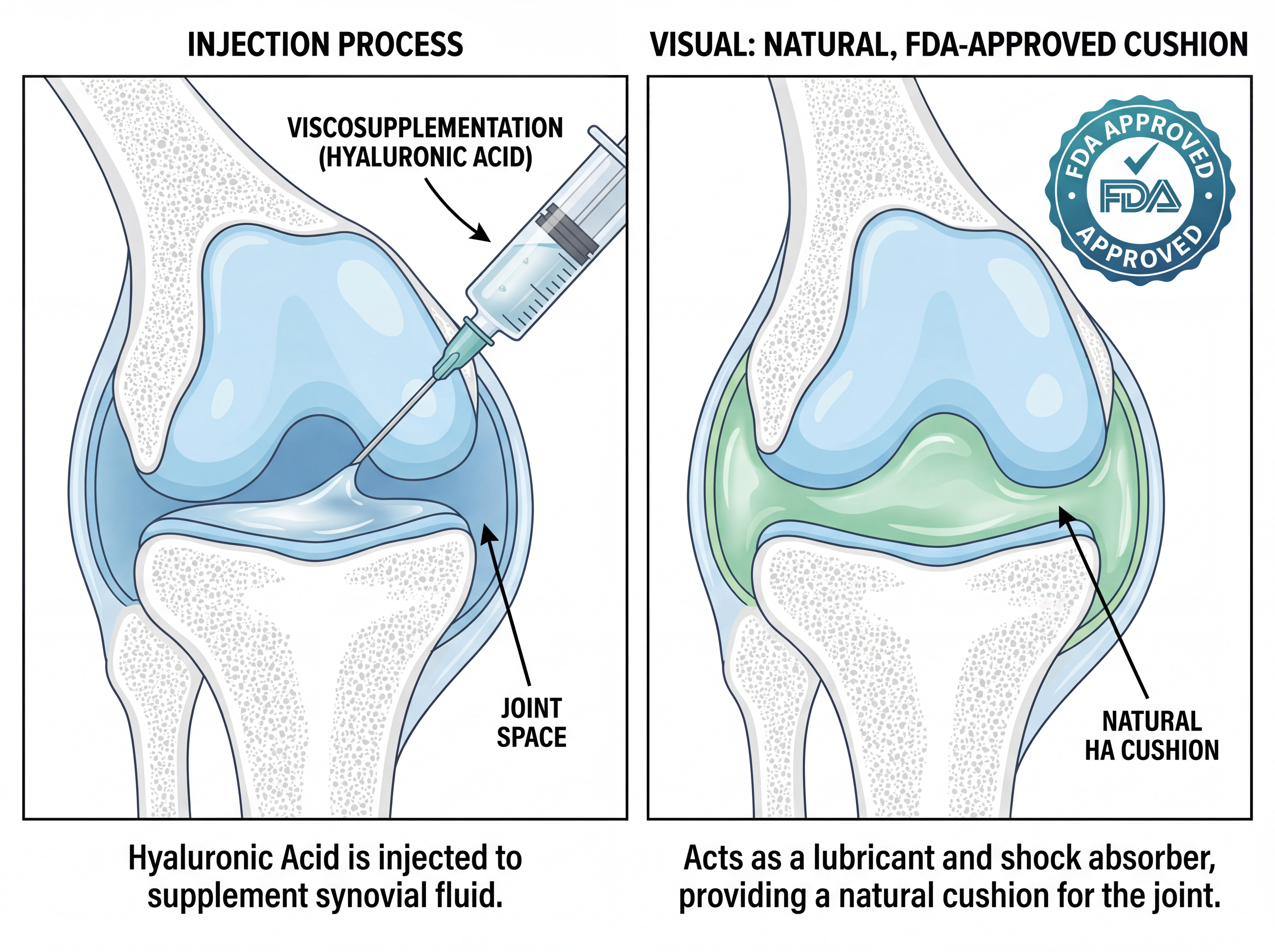 Hyaluronic acid gel injection restoring fluid in knee joint