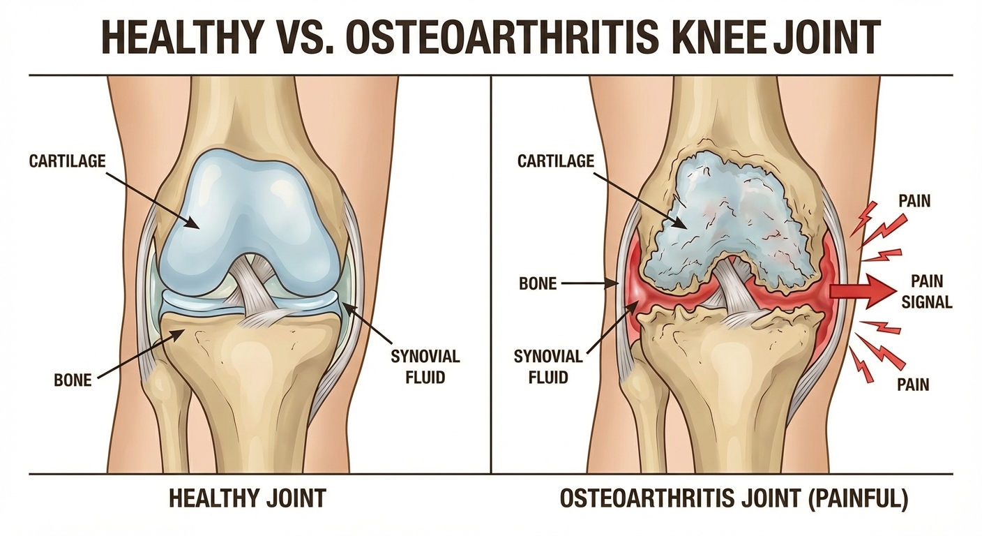 Diagram comparing healthy knee joint with osteoarthritis showing cartilage breakdown