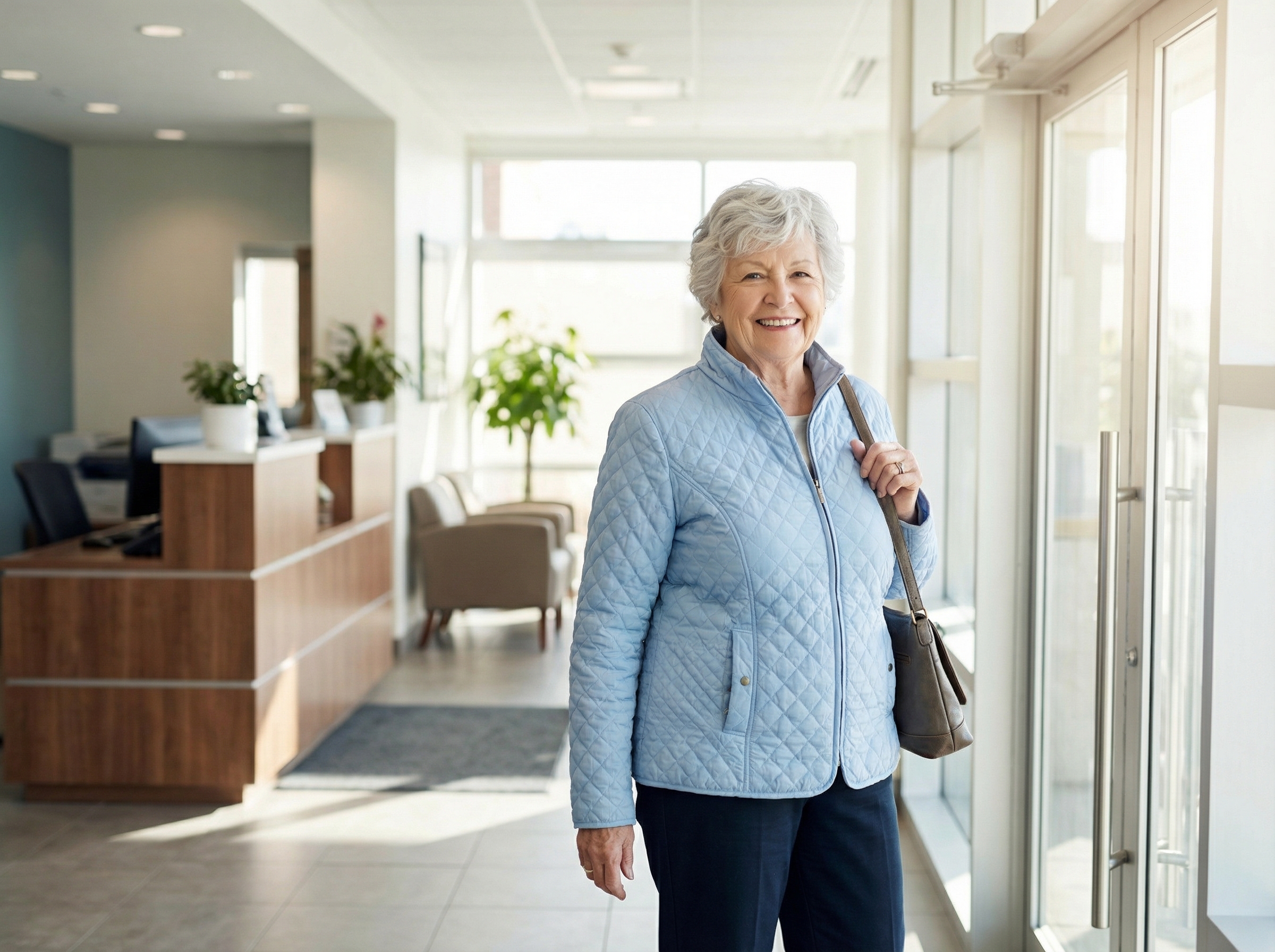 Happy patient walking out of clinic after shoulder treatment