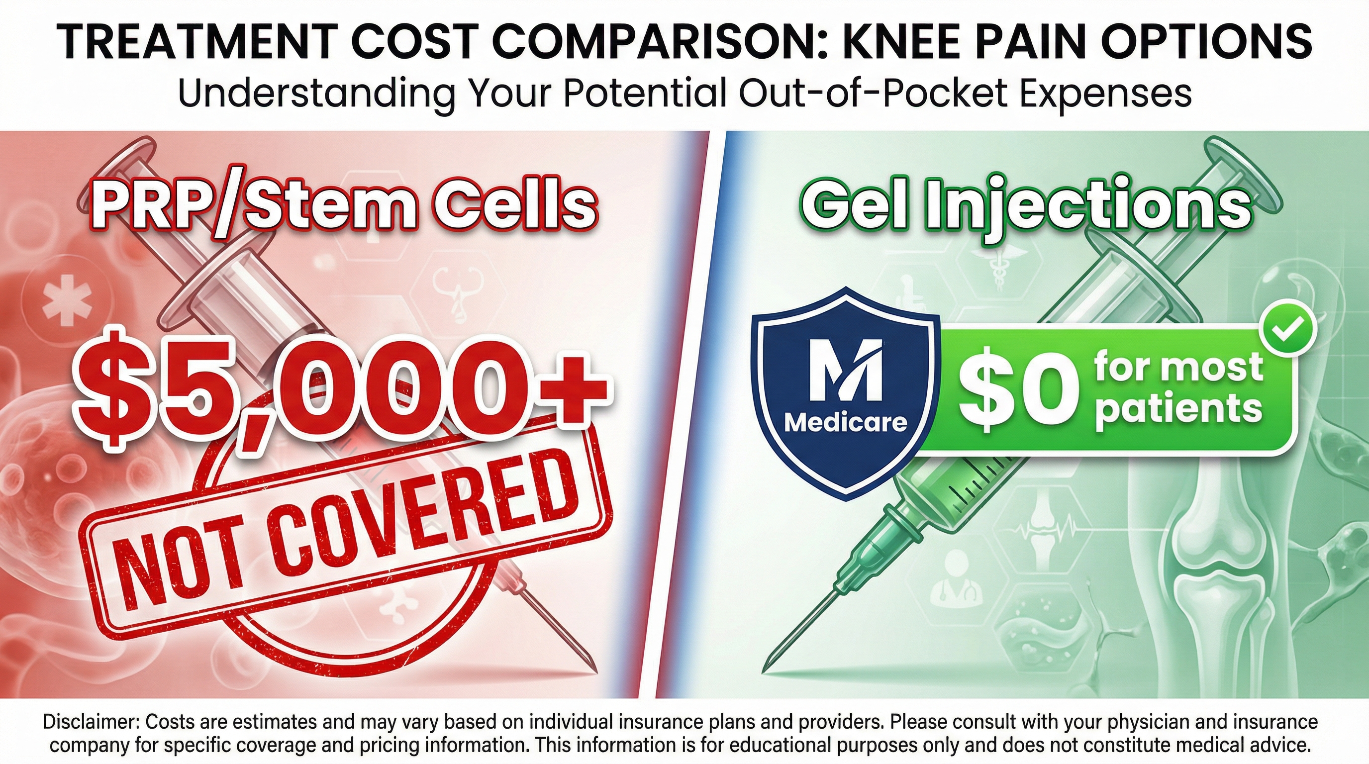 Treatment cost comparison: PRP/Stem Cells at $5,000+ not covered vs Gel Injections at $0 for most patients with Medicare