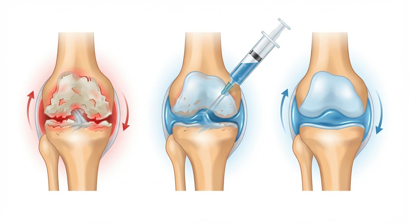 Diagram showing how viscosupplementation restores hyaluronic acid cushioning in an osteoarthritic knee joint
